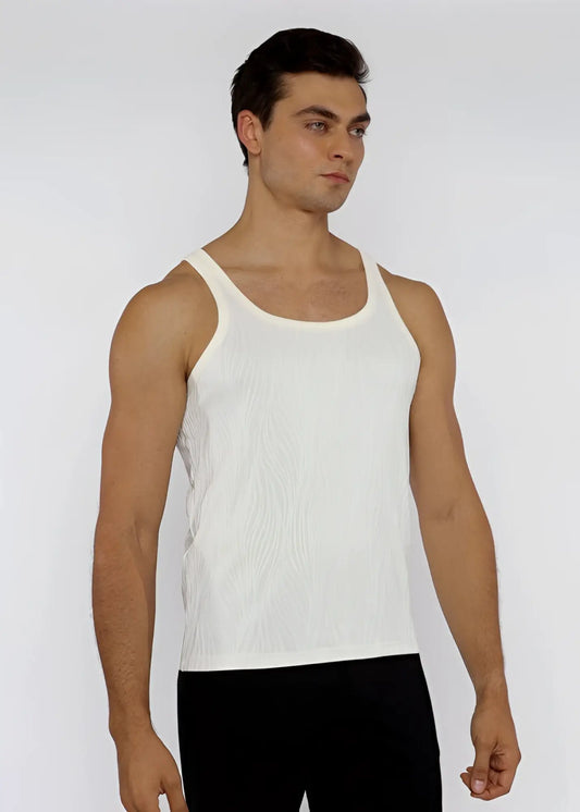 White textured knit tank top with ribbed fabric scoop neckline and wide shoulder straps