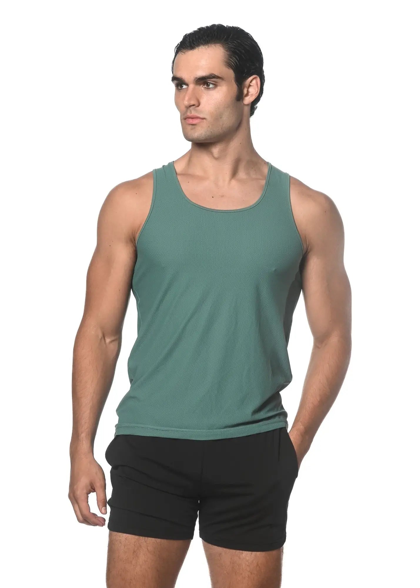 A sleek solid teal textured mesh performance tank top with a rounded neckline and clean seams
