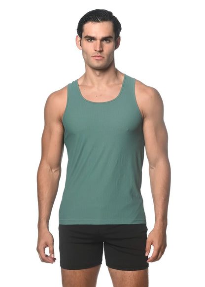 A sleek teal textured mesh performance tank top with a subtle weave and rounded neckline for athletic use
