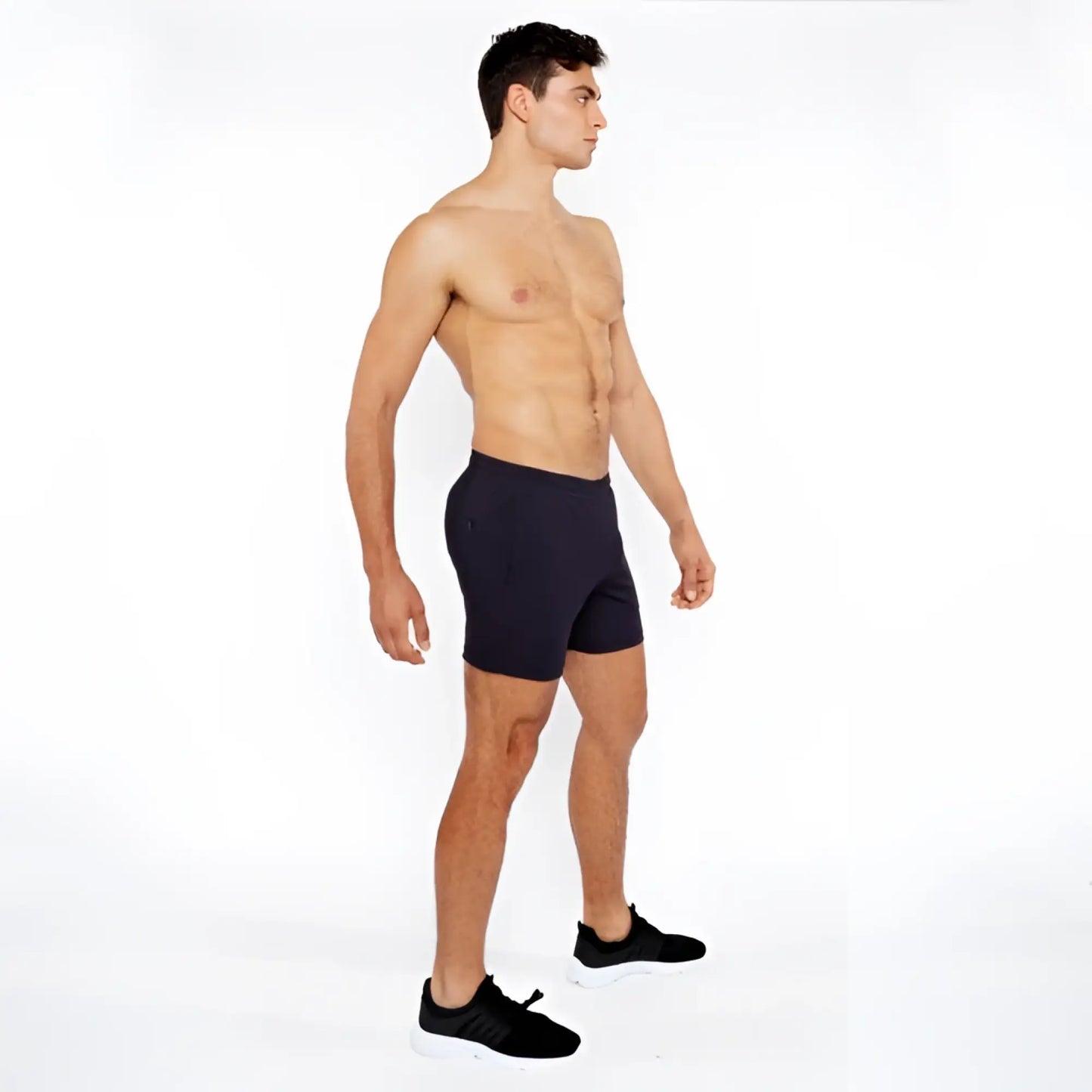 Black textured mesh stretch performance shorts with a sleek form-fitting design for athletic use