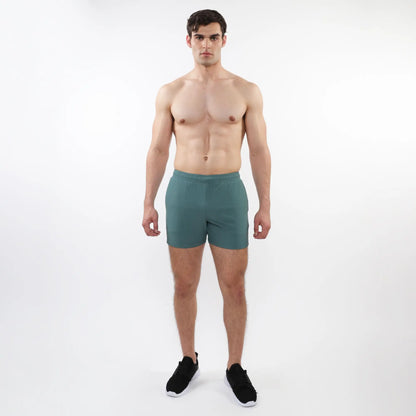 Teal textured mesh stretch performance shorts with elastic waistband designed for athletic use
