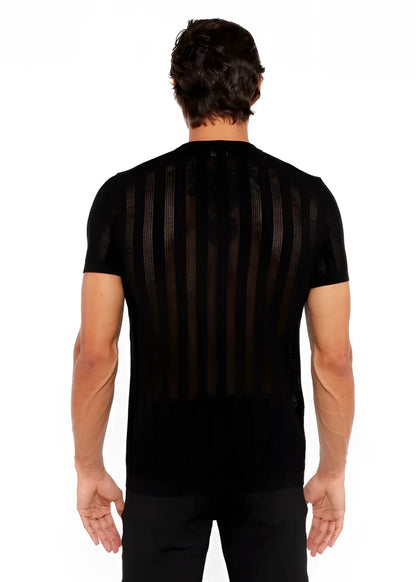 Black short-sleeved textured open knit crew tee with vertical ribbed texture ideal for casual wear