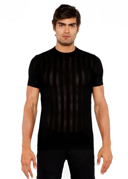 Black short-sleeved crew tee with vertical ribbed texture and open knit fabric for a lightweight feel