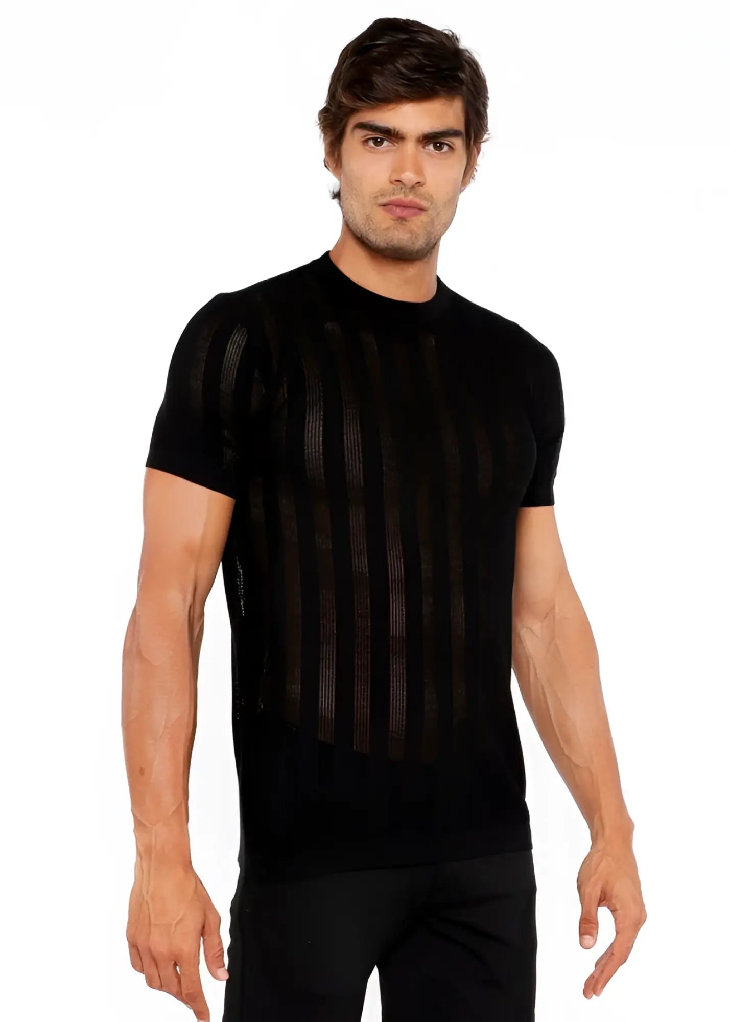 Black textured open knit crew tee with short sleeves and vertical ribbed knit texture across the chest