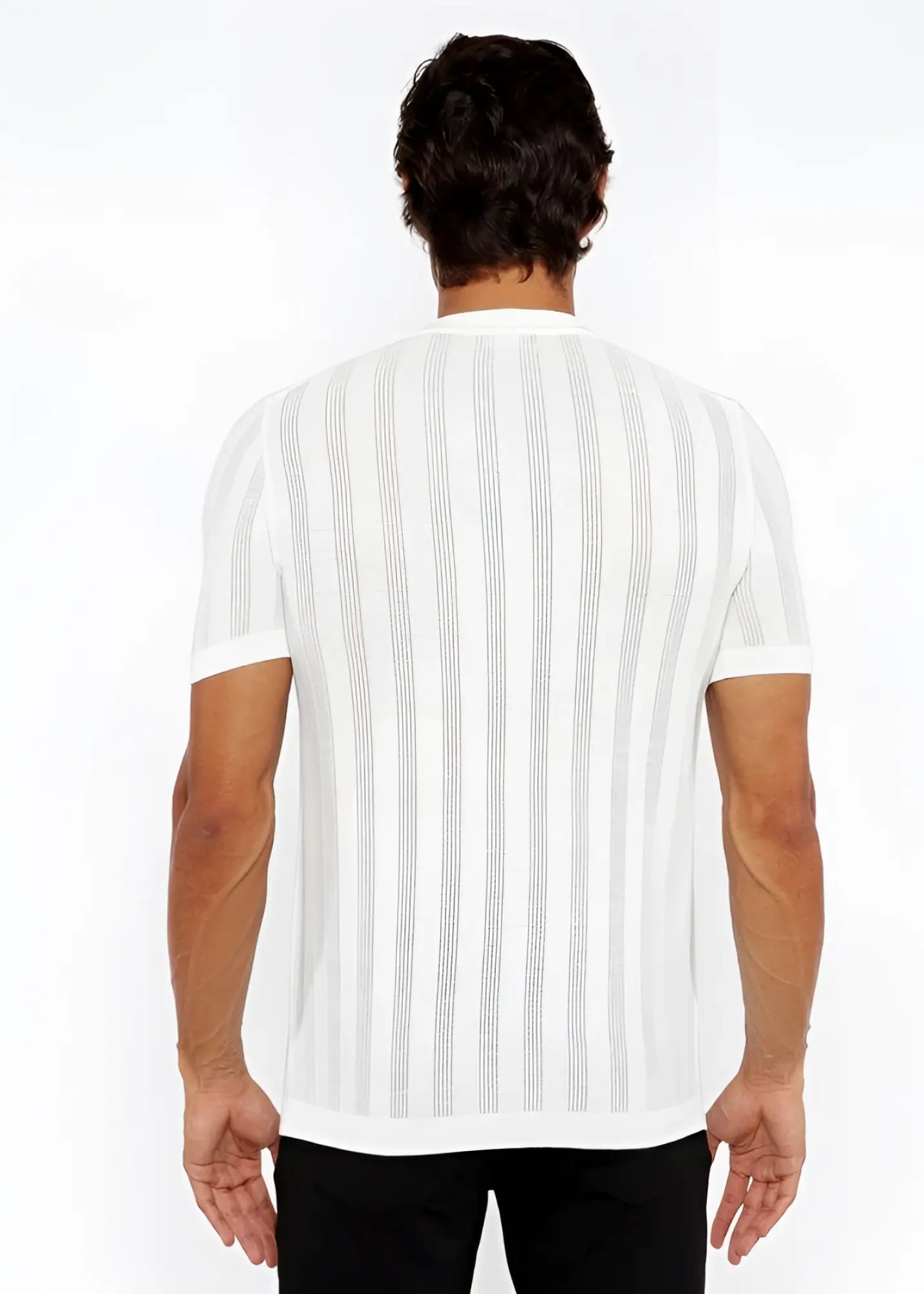 Textured open knit crew tee white short-sleeved knit shirt with subtle gray vertical stripes front view
