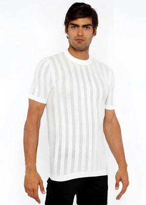 White textured open knit crew tee with subtle vertical gray stripes and short sleeves in soft breathable fabric