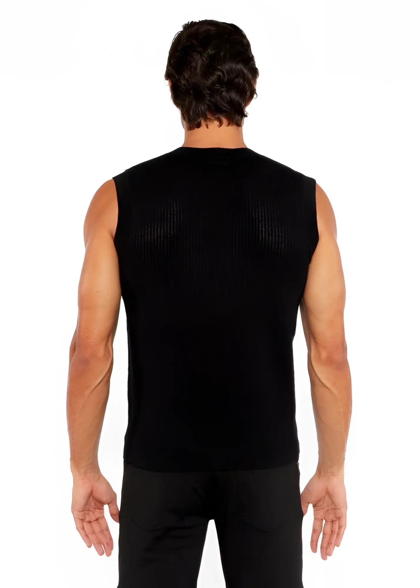 Black ribbed knit sleeveless top textured open knit vest made of breathable fabric for stylish layering