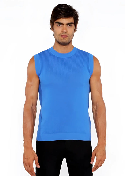 Bright blue ribbed knit sleeveless top in textured open knit vest style for layering and casual wear