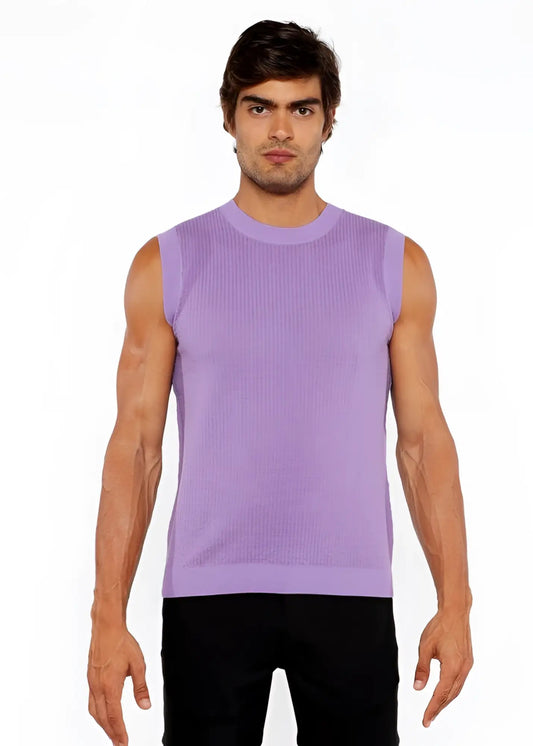 A lavender ribbed knit sleeveless textured open knit vest with a round neckline