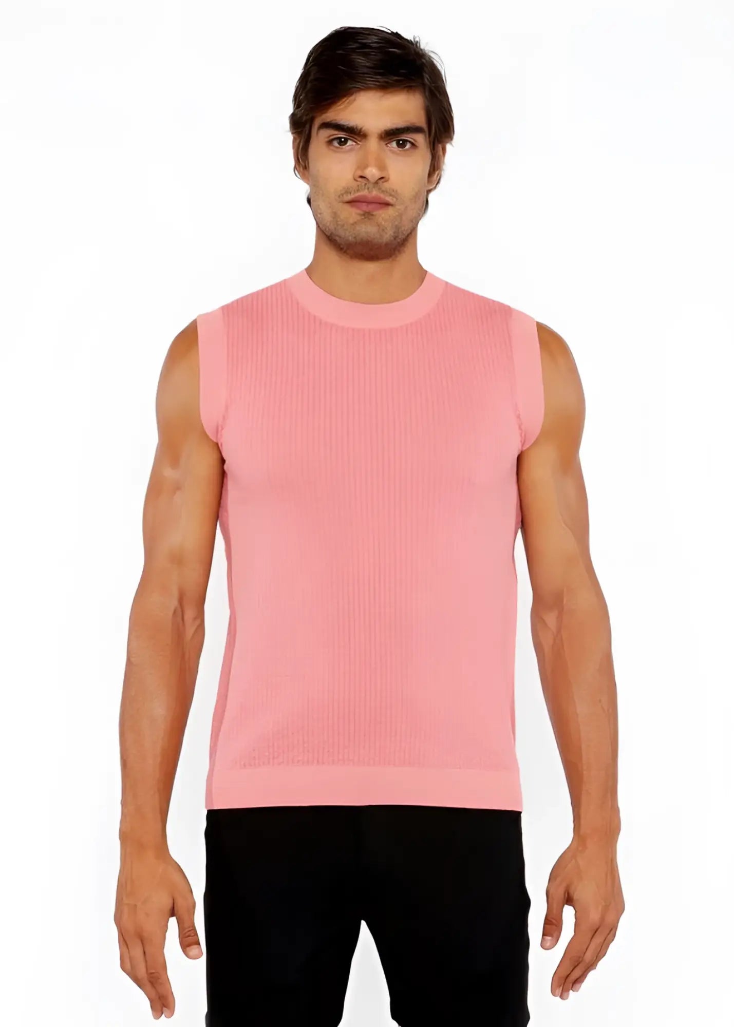 Textured open knit vest in pink ribbed knit sleeveless design with round neckline and neatly finished hem