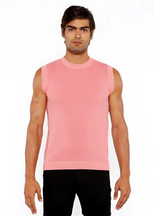 Textured open knit vest in pink ribbed knit sleeveless design with round neckline and neatly finished hem