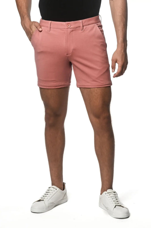 Textured stretch knit chino shorts in crisp pink with button closure and belt loops for a comfortable fit
