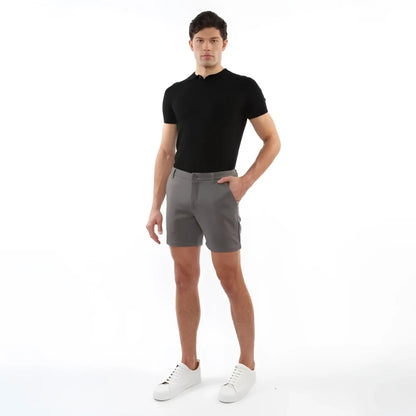 Gray textured stretch knit chino shorts with classic fit and button closure ideal for casual wear