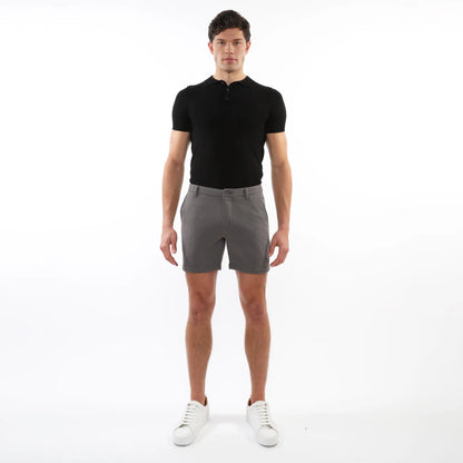 Gray textured stretch knit chino shorts with a subtle weave and classic tapered fit for casual wear