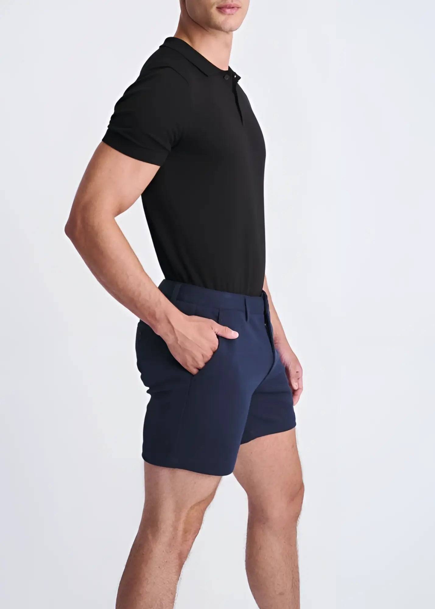 Navy blue tailored textured stretch knit chino shorts with a modern cut and subtle side pockets