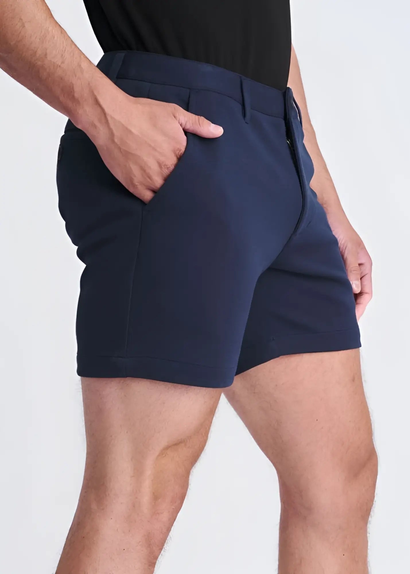 Navy blue textured stretch knit chino shorts with tailored fit and subtle side seam detailing for modern style