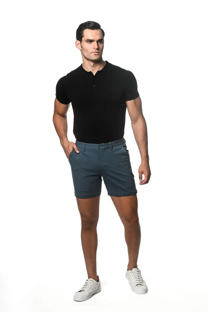 A pair of dark teal textured stretch knit chino shorts with classic fit and belt loops