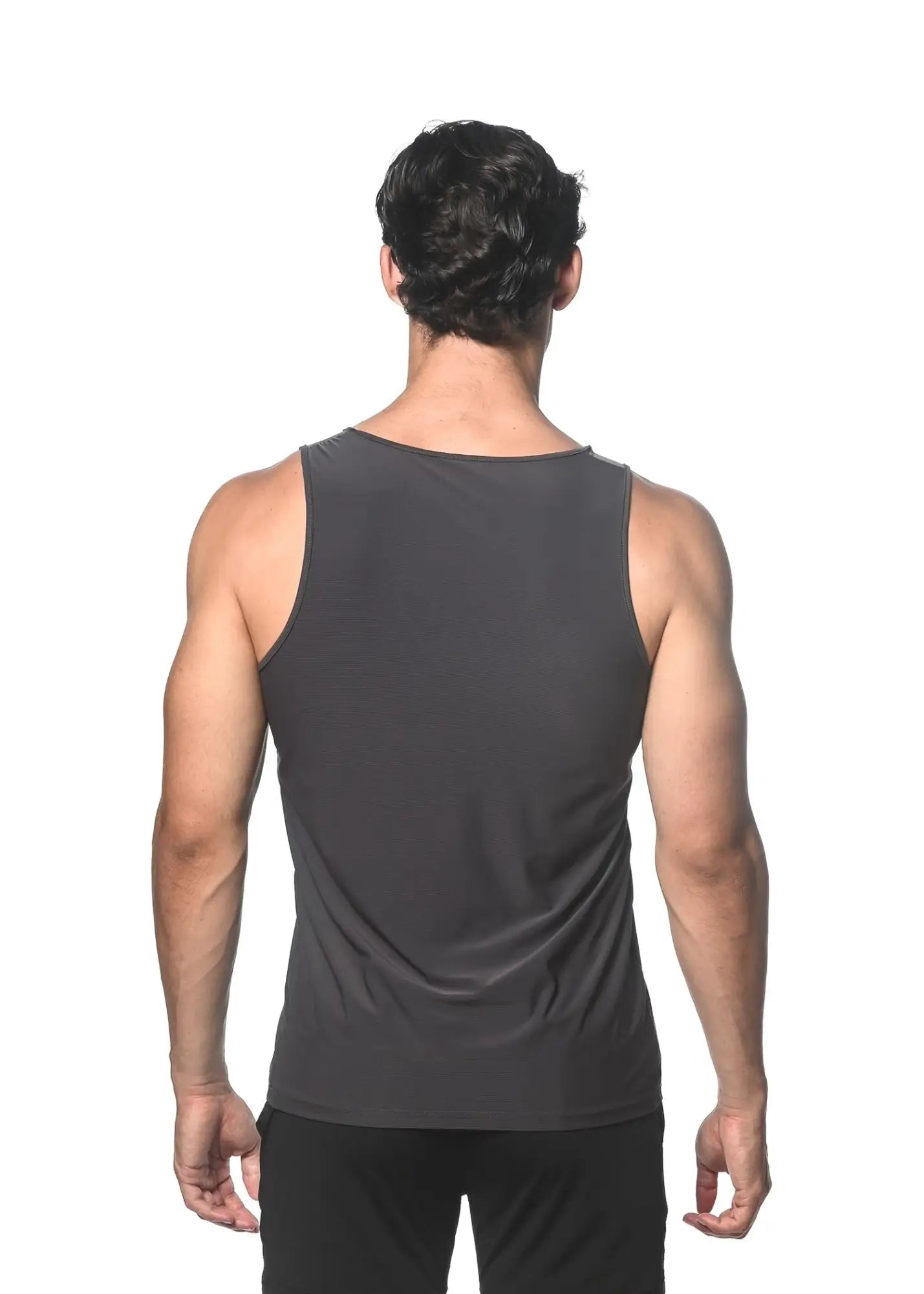 Dark gray sleeveless textured stretch mesh performance tank with smooth form-fitting fabric