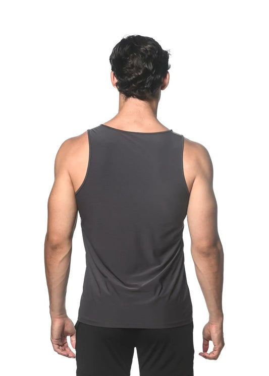 Dark gray sleeveless textured stretch mesh performance tank with smooth form-fitting fabric