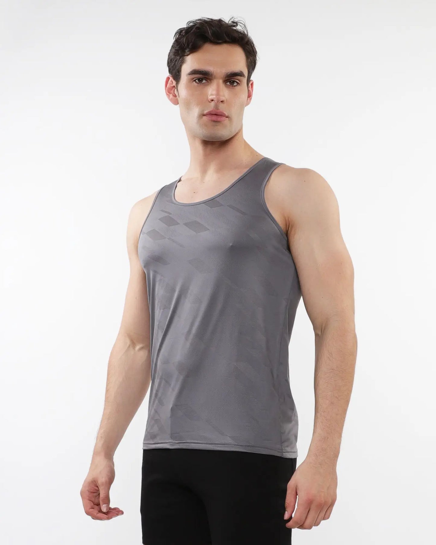 Gray textured stretch mesh performance tank top with subtle geometric pattern designed for athletic use