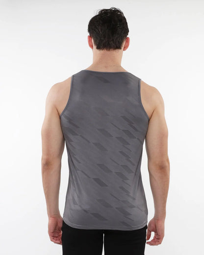 Gray athletic tank top with subtle geometric pattern made of textured stretch mesh for performance use