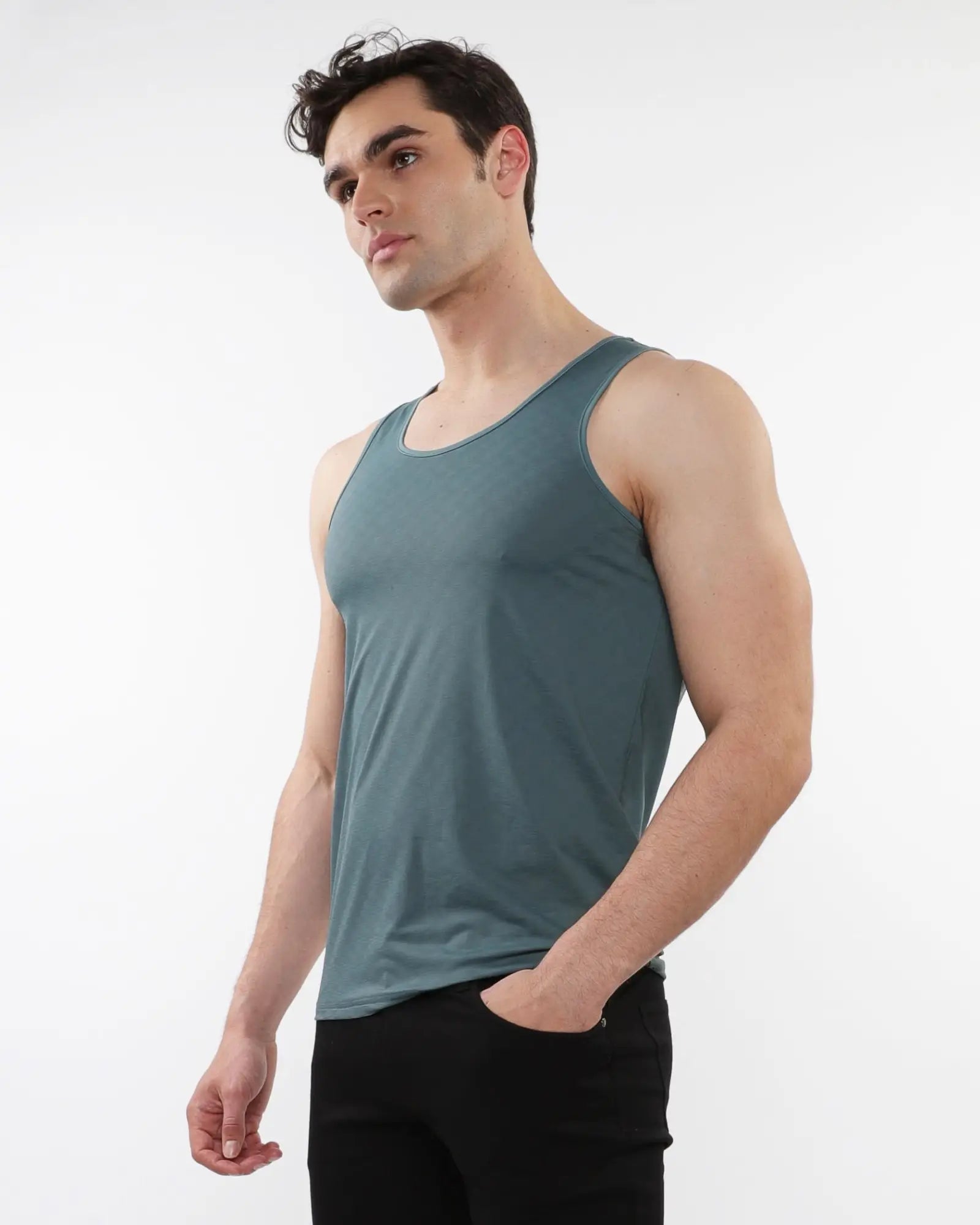 A sleek teal textured stretch mesh performance tank top with smooth form-fitting sleeveless fabric