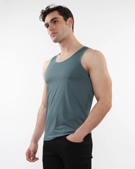 A sleek teal textured stretch mesh performance tank top with smooth form-fitting sleeveless fabric