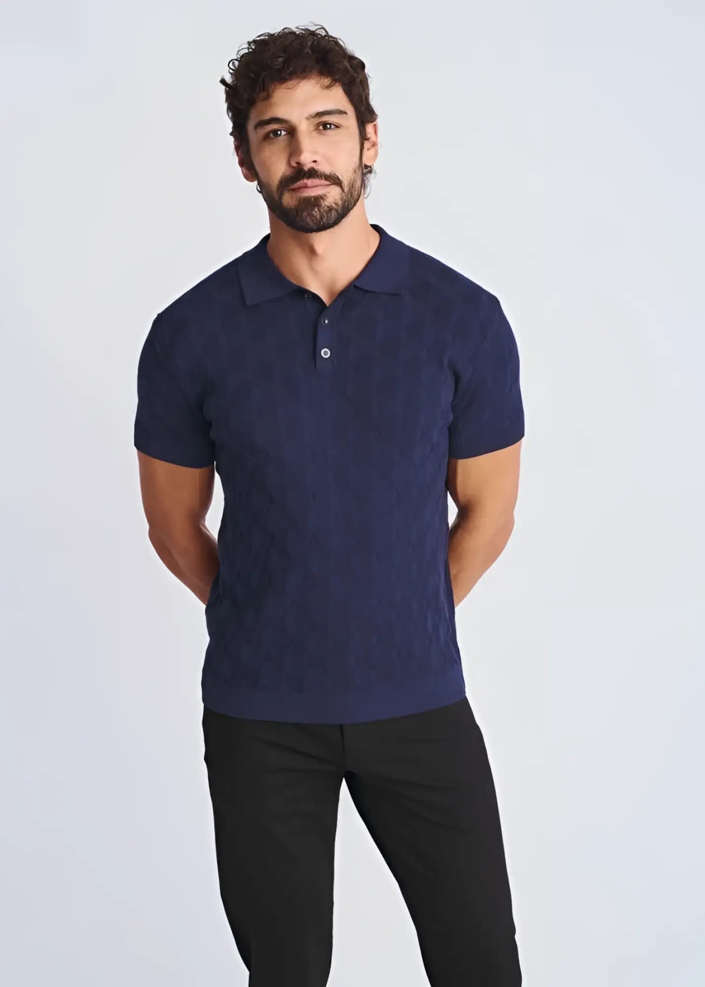 Navy blue textured stripes silk tencel knit polo shirt showcasing a smooth fabric finish and classic collar design
