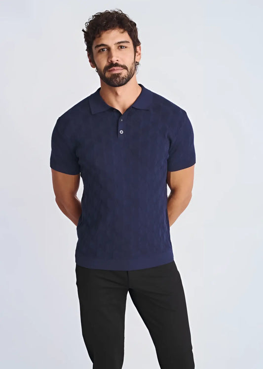 Navy blue textured stripes silk tencel knit polo shirt showcasing a smooth fabric finish and classic collar design