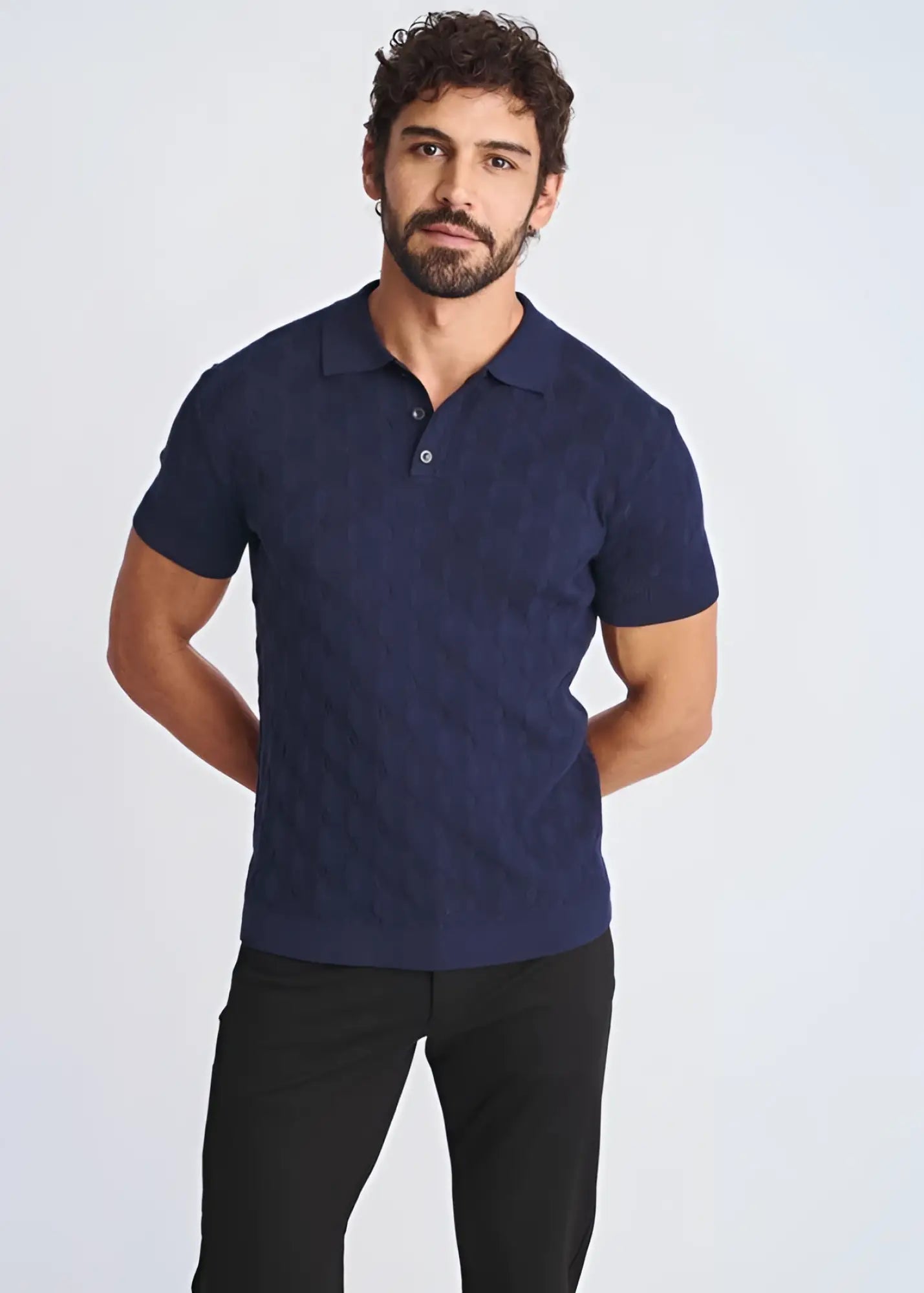 Navy blue textured stripes silk tencel polo shirt with knit fabric for a stylish and comfortable look