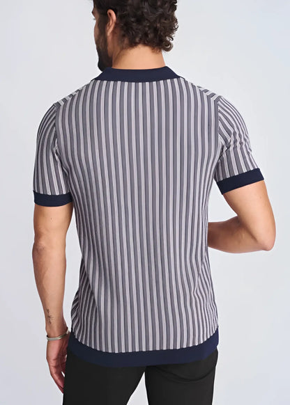 Textured stripes silk tencel polo shirt with navy and gray vertical stripes and ribbed collar sleeve cuffs and hem