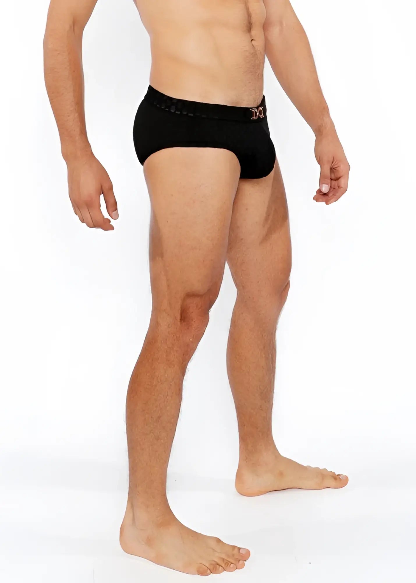 Black textured swim brief with front buckle and subtle pink logo on waistband designed for men
