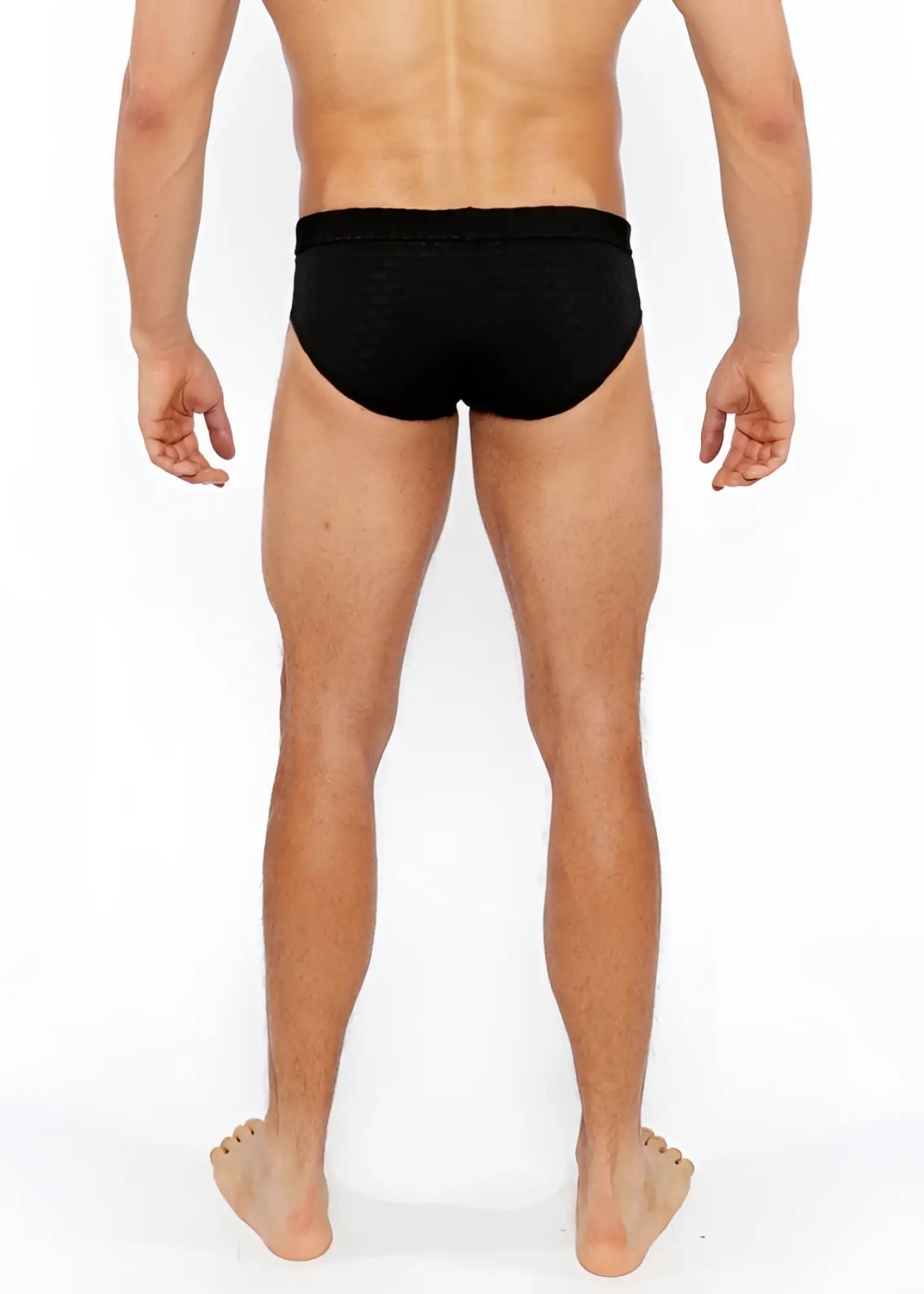 Black textured swim brief with front buckle made from durable fabric for stylish swimwear use