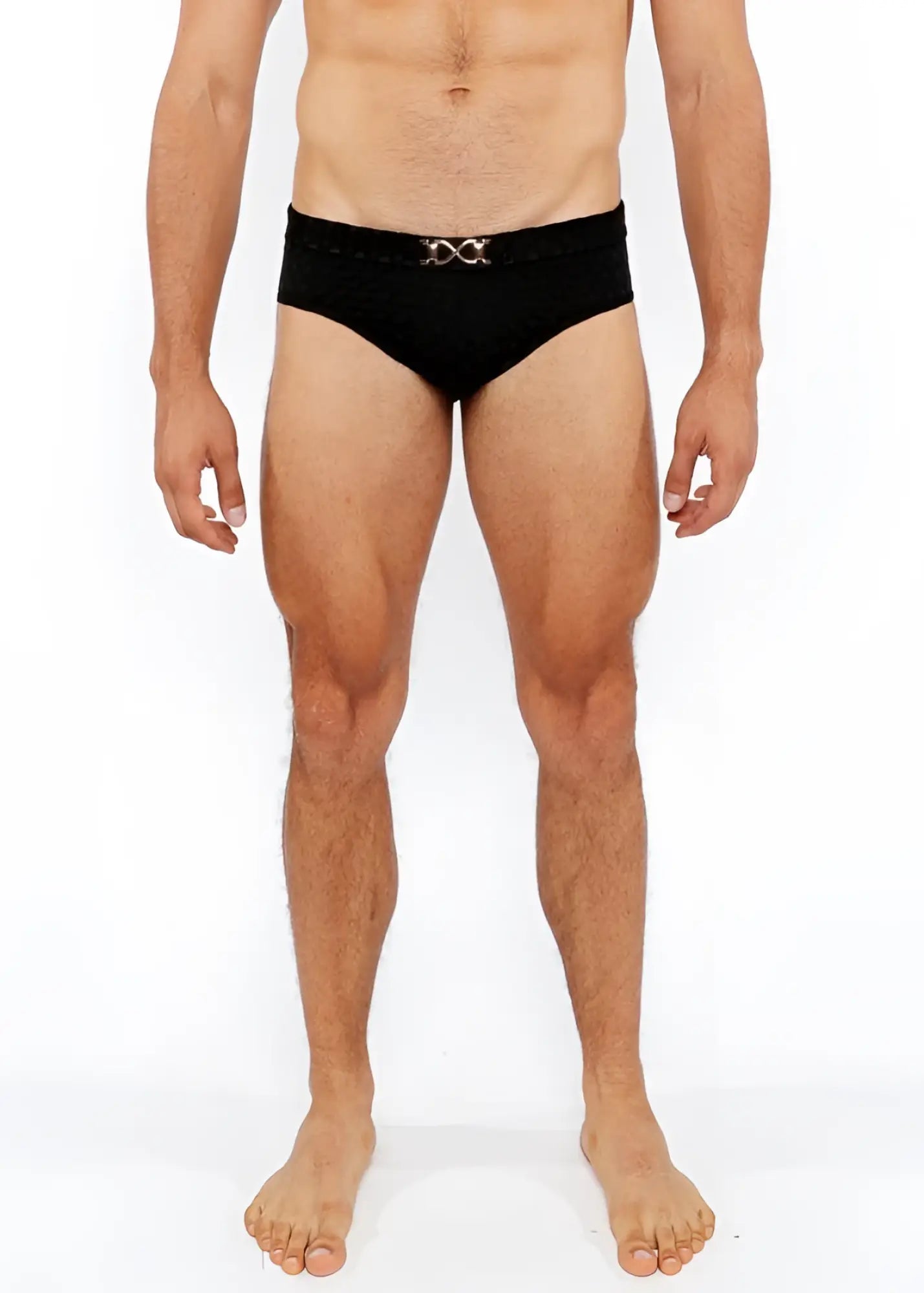 Black textured swim brief with a silver metallic double-x front buckle for stylish swimwear use