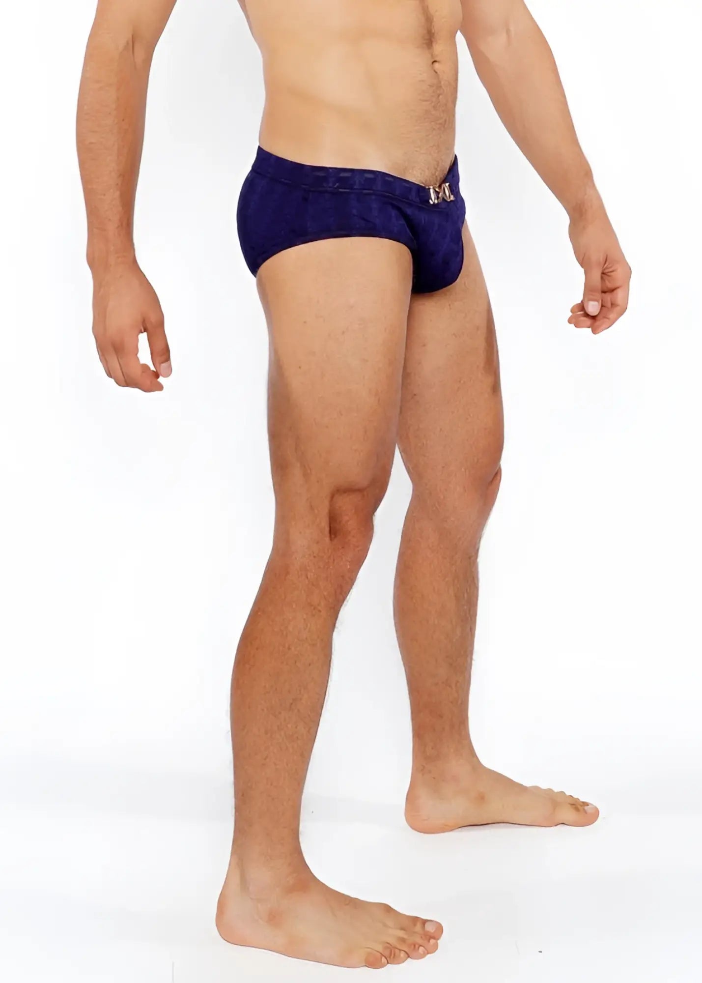 Navy blue textured swim brief with front buckle and metallic logo on waistband designed for swimming and beachwear