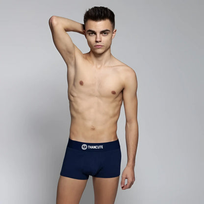 Navy blue thancute basic trunk boxer brief underwear with white logo waistband size l front view