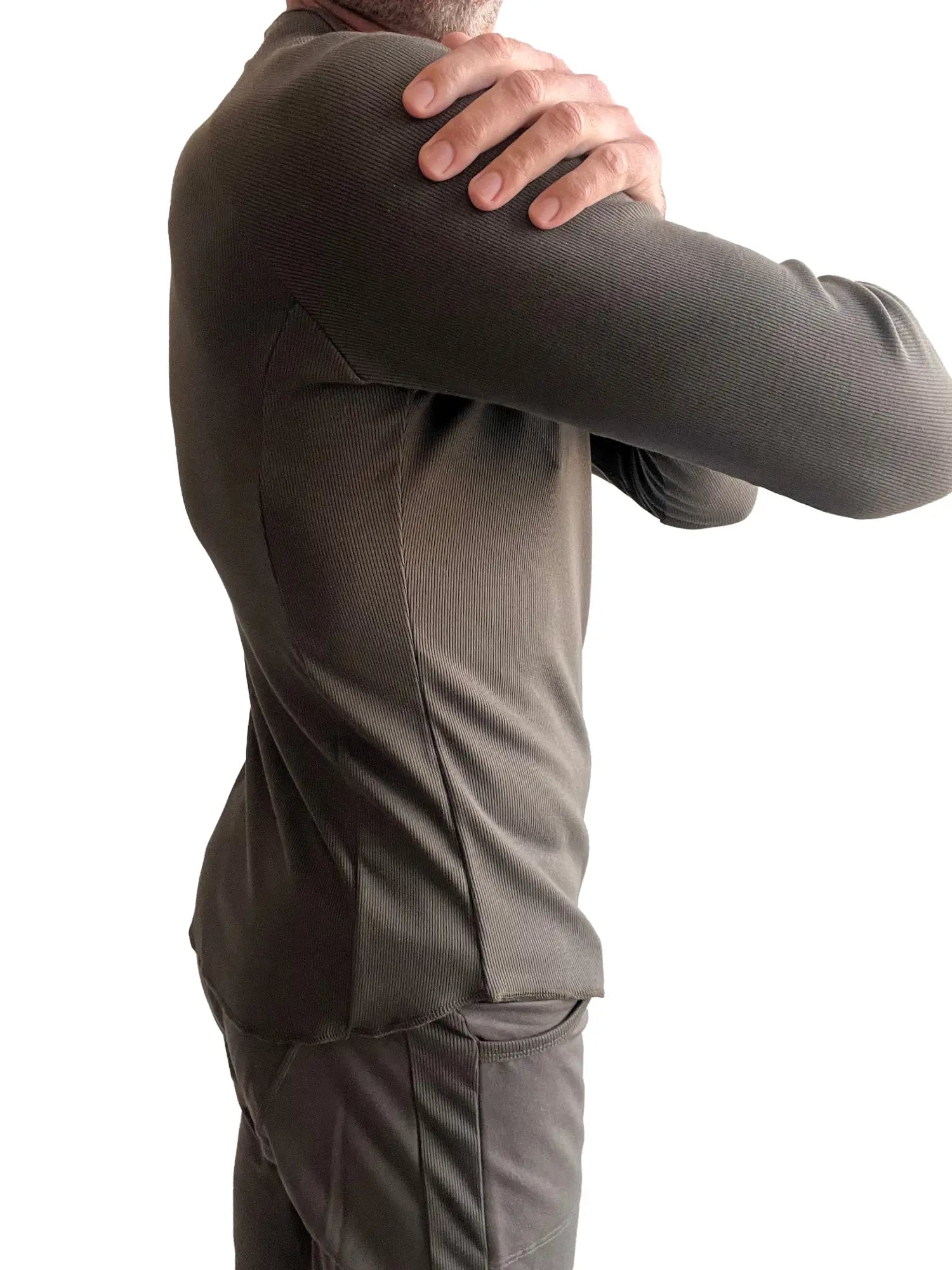 A fitted dark olive green thermal v-neck long sleeve shirt with ribbed texture and athletic cut