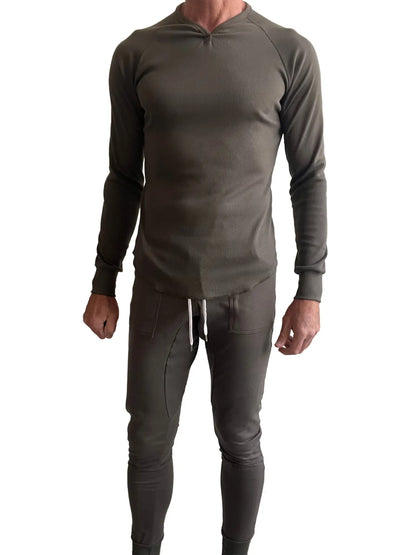 Olive green thermal v neck long sleeve hoodie and matching joggers set made from warm fabric for casual wear