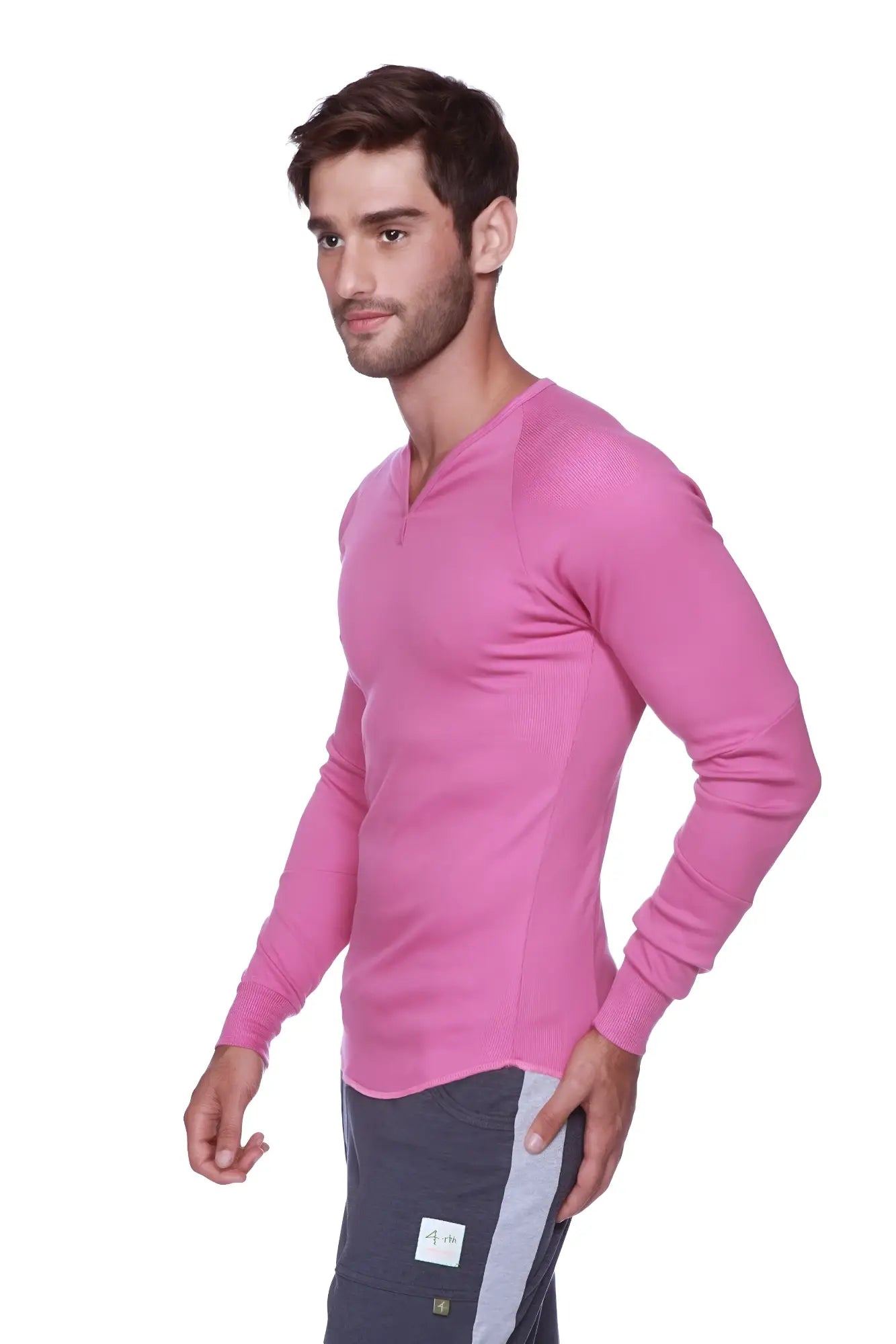 A vibrant berry pink thermal v-neck long sleeve shirt made of soft stretchy ribbed fabric