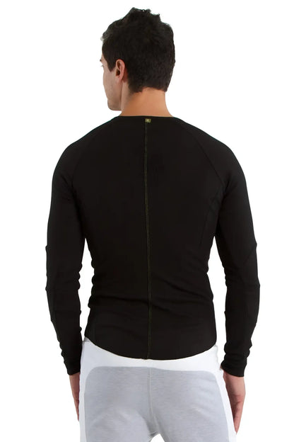 Black thermal v-neck long sleeve top made of insulated fabric showing back with central zipper detail
