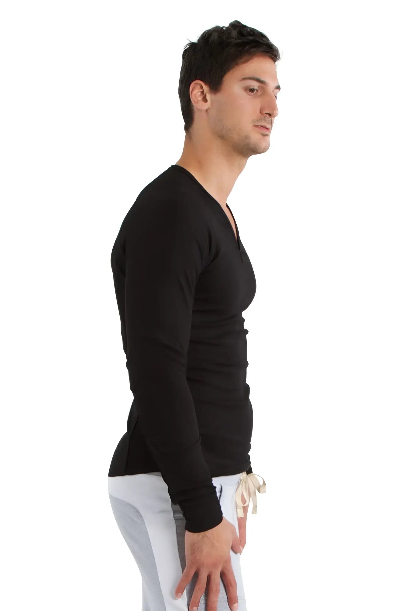 Black thermal v neck long sleeve shirt with fitted silhouette and ribbed cuffs made from warm fabric