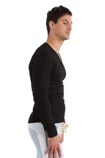Black thermal v neck long sleeve shirt with fitted silhouette and ribbed cuffs made from warm fabric