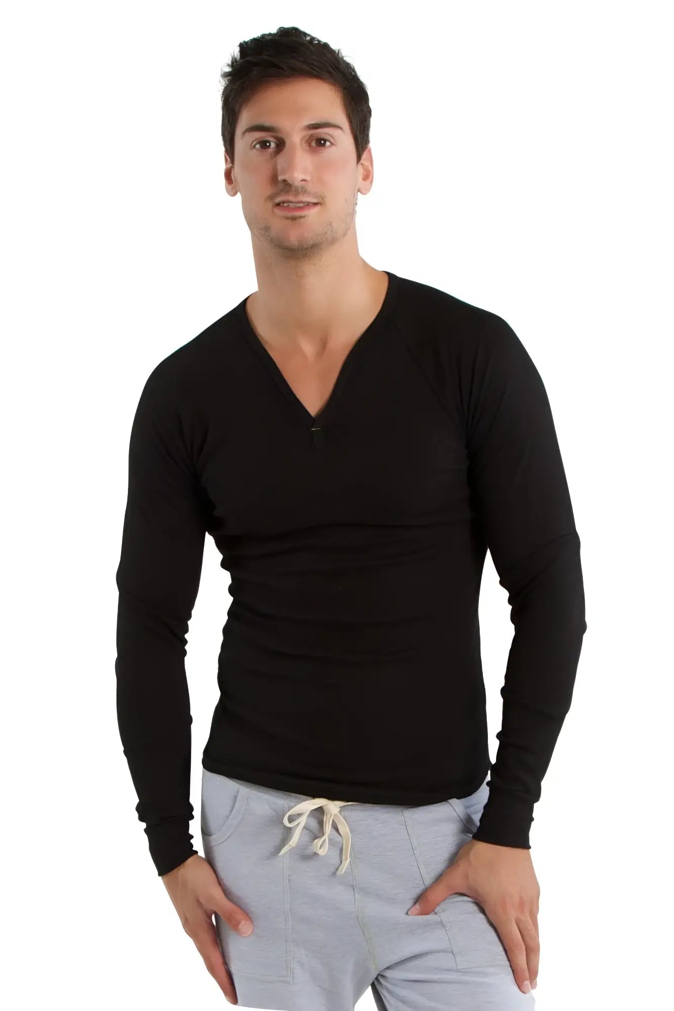 Black thermal v-neck long sleeve shirt with fitted silhouette and subtle ribbed texture for layering and warmth