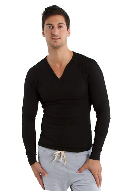 Black thermal v-neck long sleeve shirt with fitted silhouette and subtle ribbed texture for layering and warmth