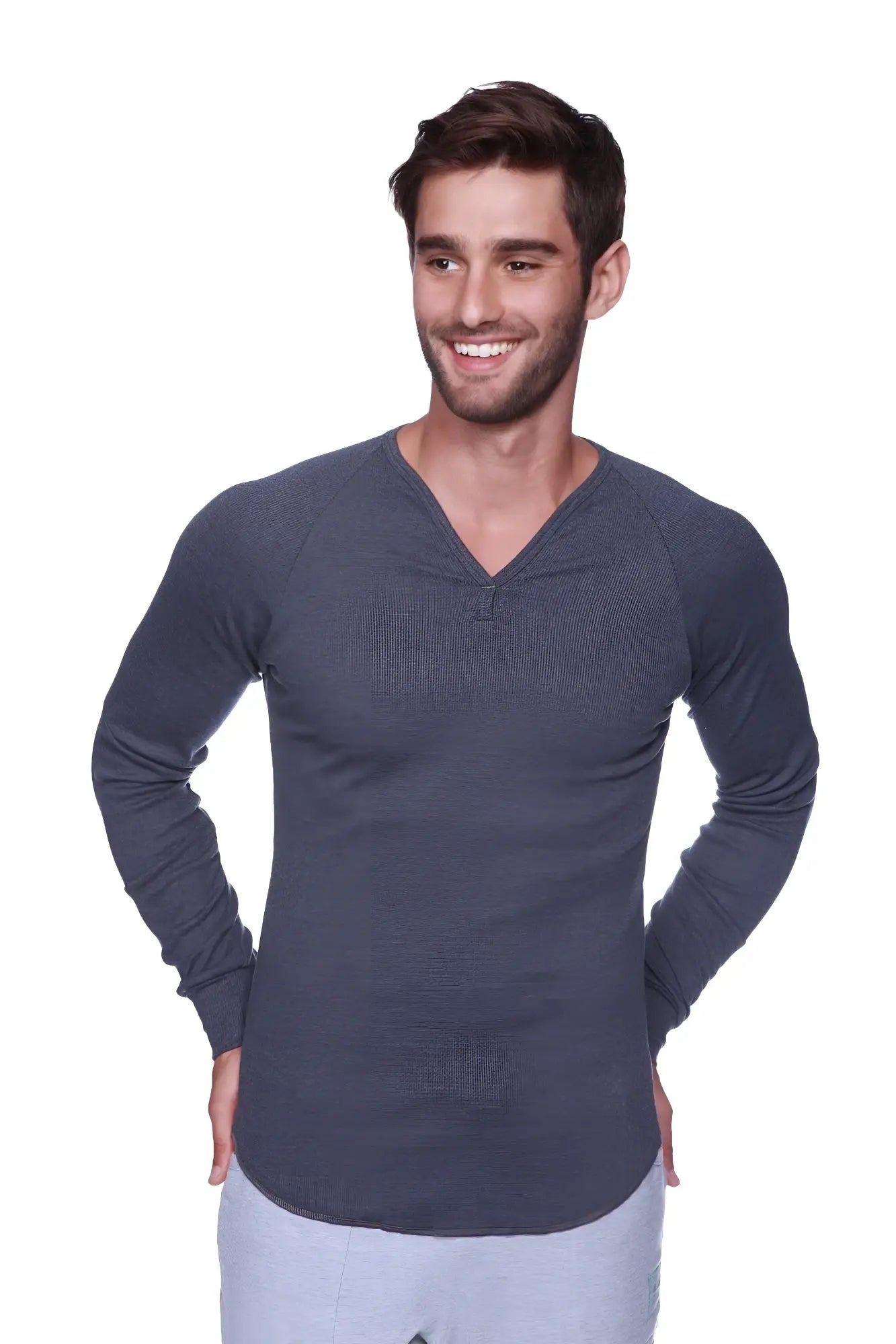 Thermal v-neck long sleeve charcoal shirt with dark gray textured knit pattern ideal for layering and warmth