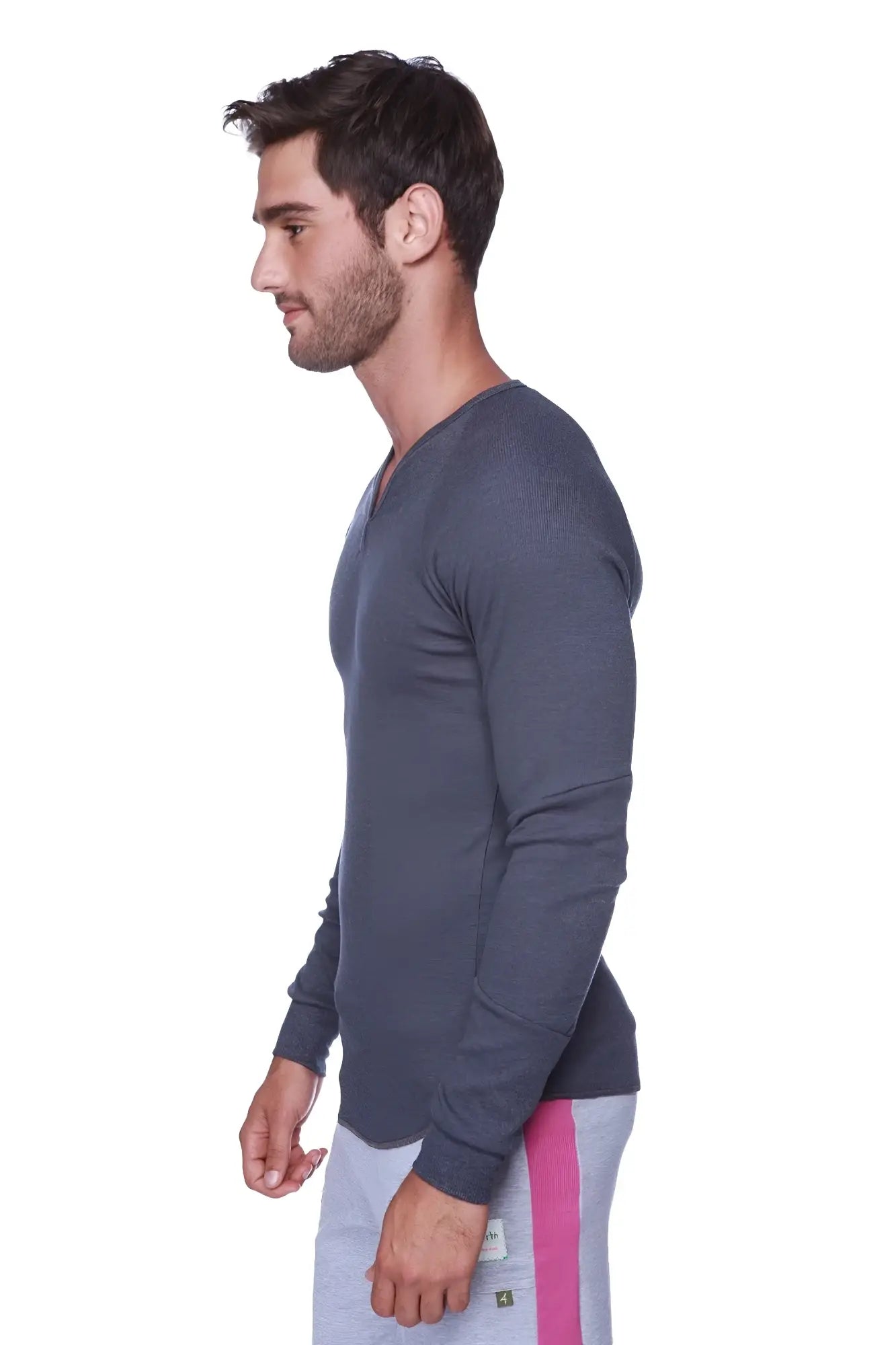 Dark gray thermal v-neck long sleeve sweater with subtle textured fabric for casual and layering wear