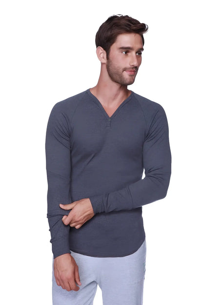 Thermal v-neck long sleeve charcoal shirt in dark heather gray with textured fabric and ribbed cuffs