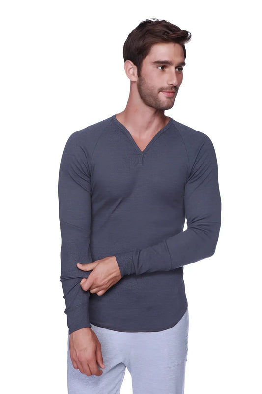 Thermal v-neck long sleeve charcoal shirt in dark heather gray with textured fabric and ribbed cuffs