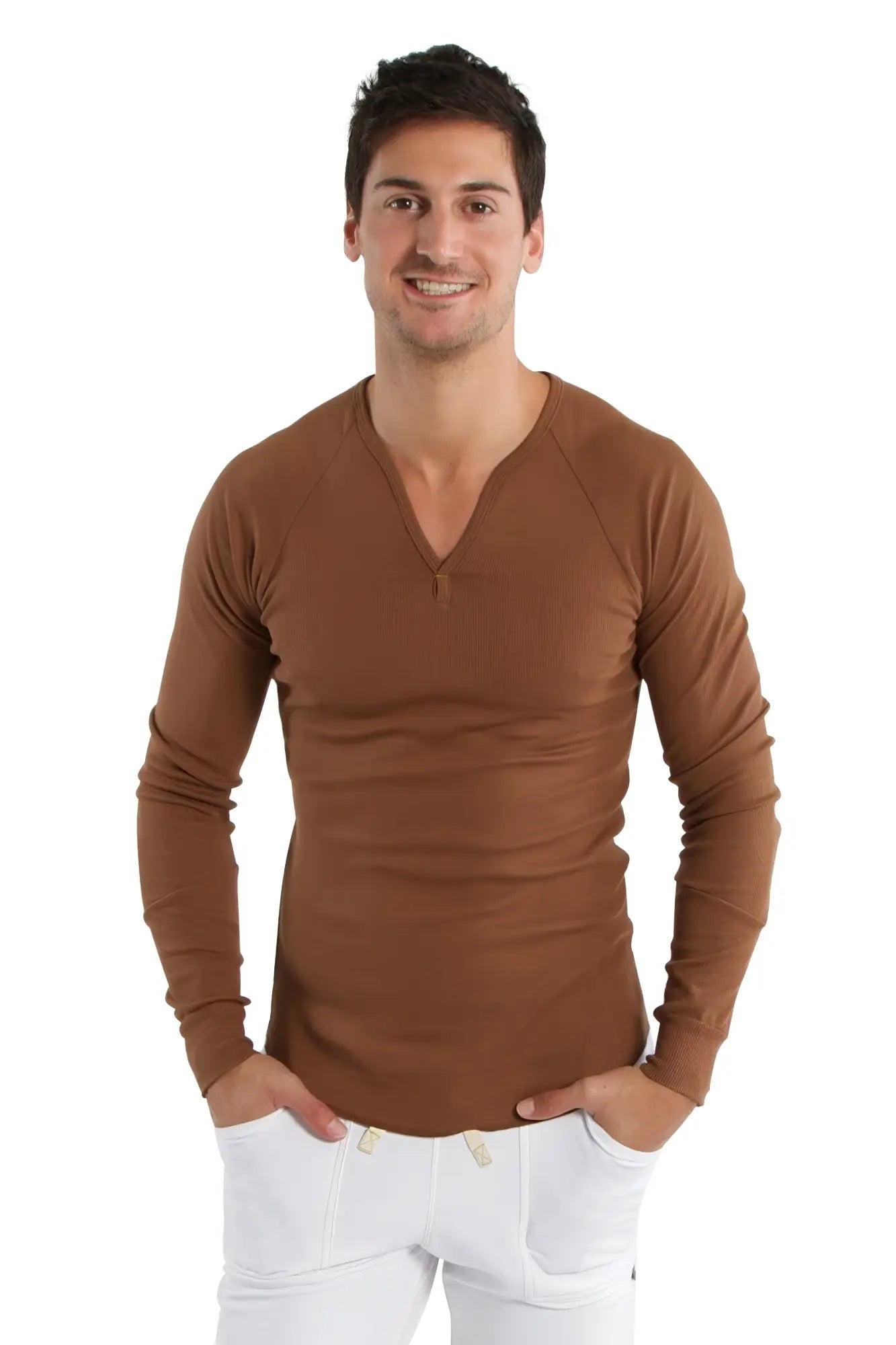 A slim-fitting chocolate thermal v-neck long sleeve shirt with subtle ribbed texture made for warmth and comfort