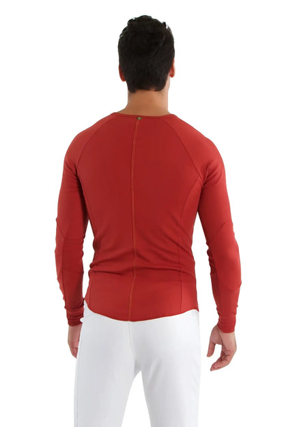 Red thermal v-neck long sleeve shirt in cinnabar showing back with central zipper for athletic wear